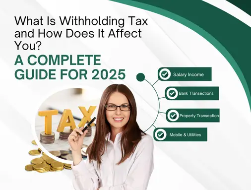 A smiling woman holding a pen stands beside text about withholding tax and a guide for 2025, with icons indicating salary income, bank transactions, property transactions, and mobile & utilities.